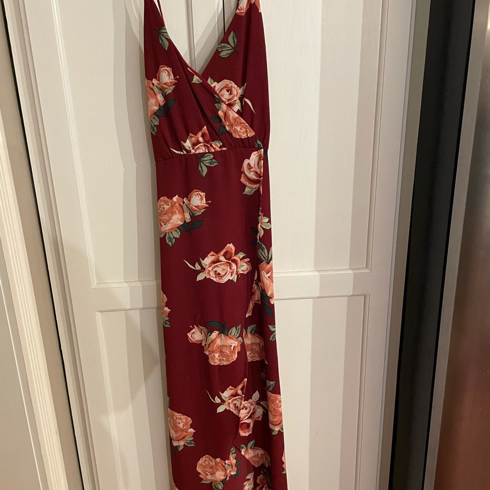 Maroon floral faux wrap midi dress